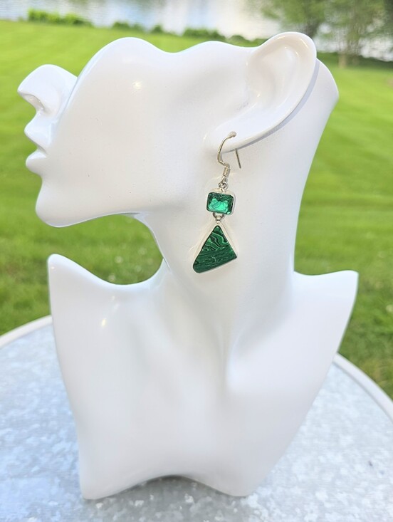 Malachite & Chrome Diopside Art Deco Earrings In 925 Sterling Silver (2.5\